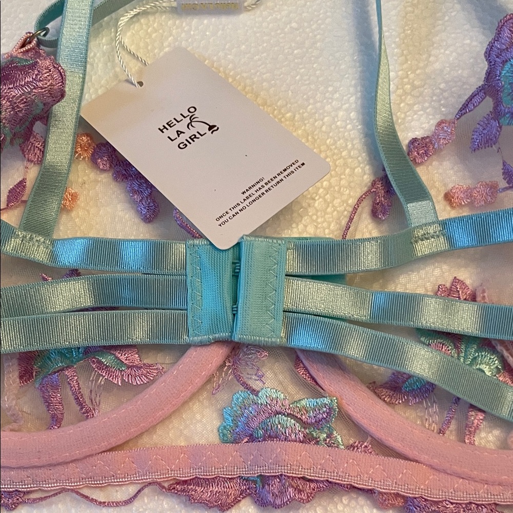 NWT La girl Elegant Floral Lace Bra Set - Pastel Pink /lavender /teal size S - Picture 9 of 13